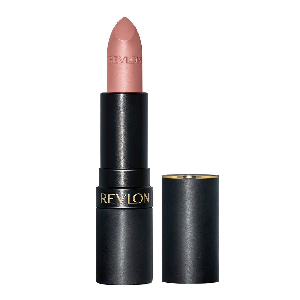 Revlon lipstick Untold Stories front tube showing matte black packaging and gold trim benefits polished look