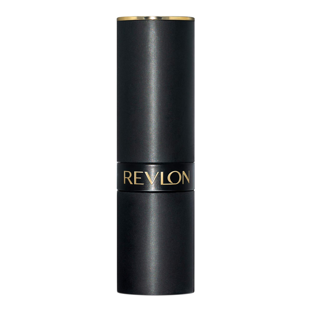 Revlon soft-matte tube open showing embossed bullet and gold detail benefit luxe presentation