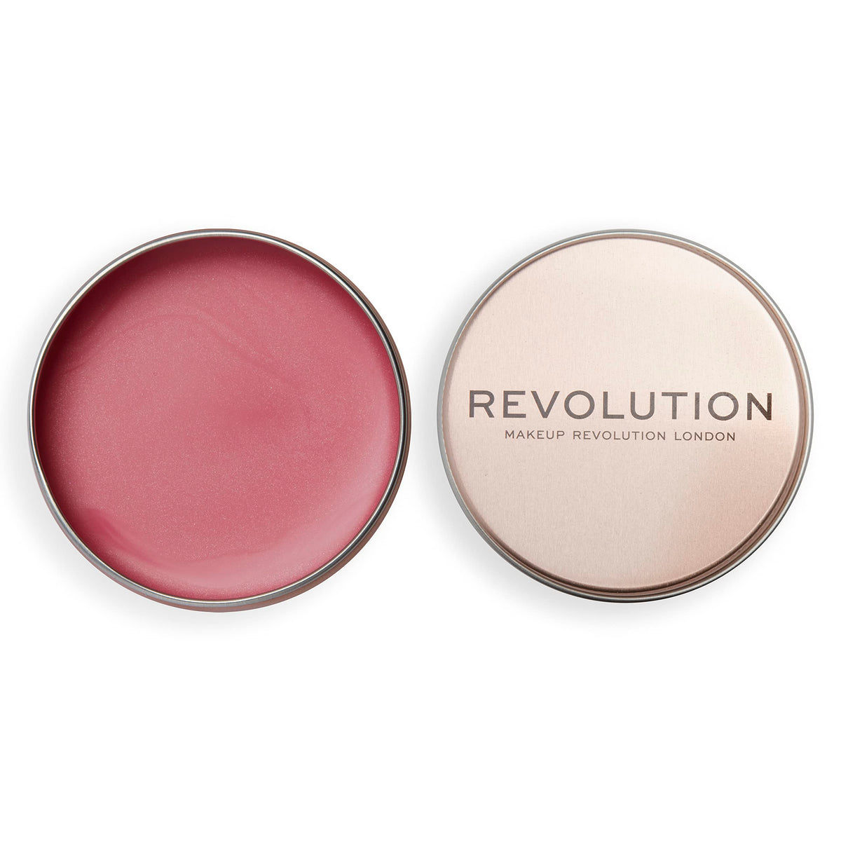 Revolution Balm Glow front pot showing Rose Pink shade and compact size
