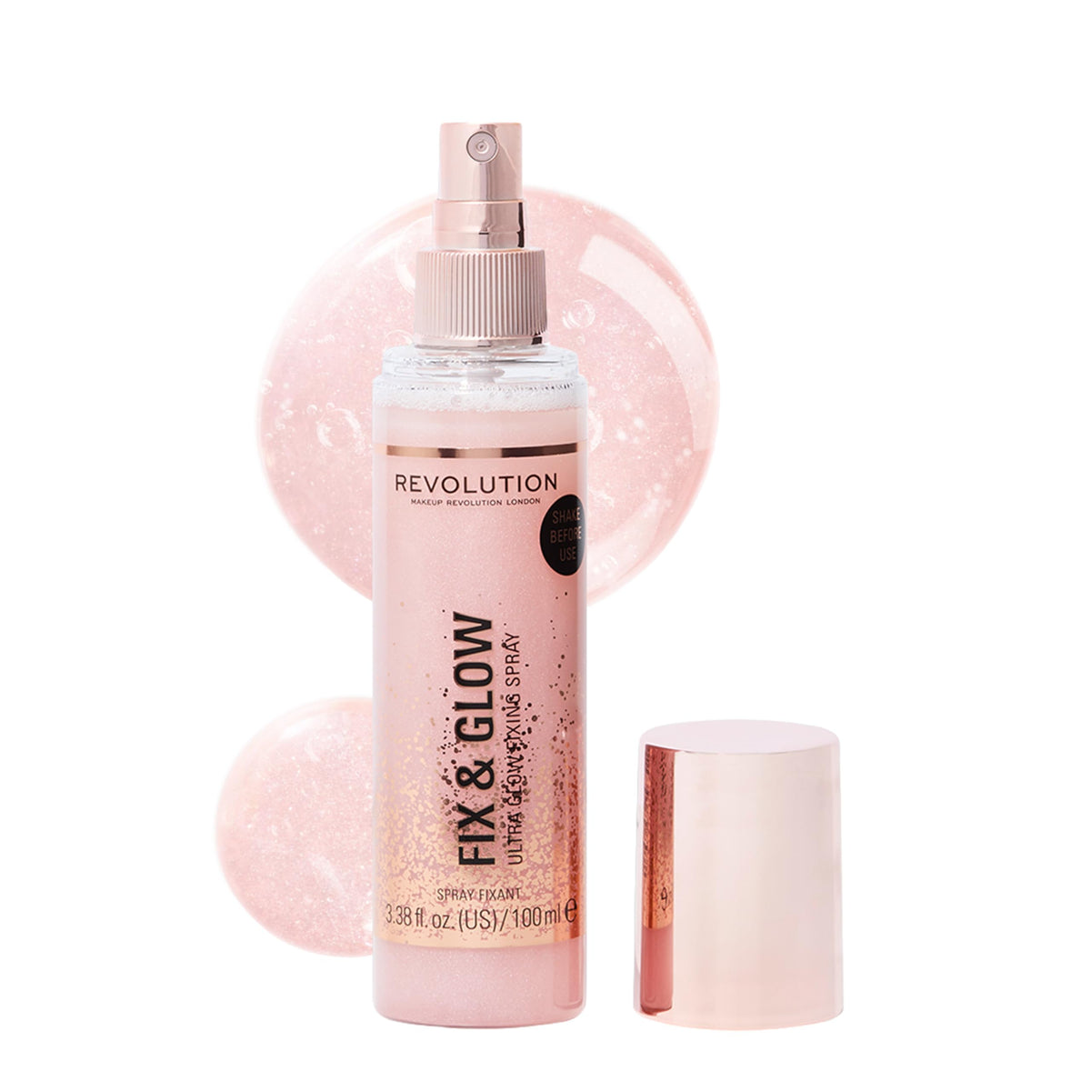 Revolution Beauty spray bottle front view showing label and 3.38 fl oz size for easy identification and shelf appeal