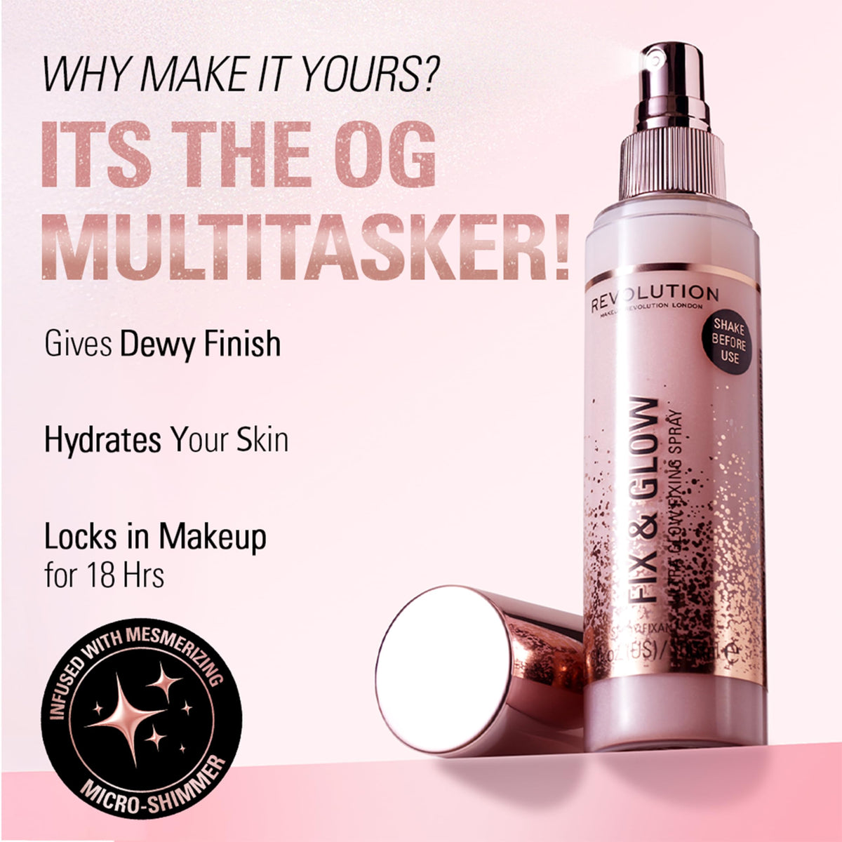 Model spraying Revolution Beauty Fix & Glow on face offering a quick hydration boost and natural radiance during touch-up