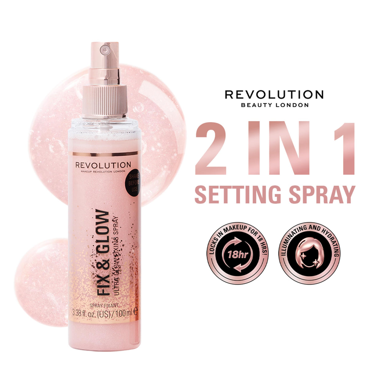 Close-up of mist droplets and micro-shimmer particles from Revolution Beauty demonstrating fine texture and luminous effect