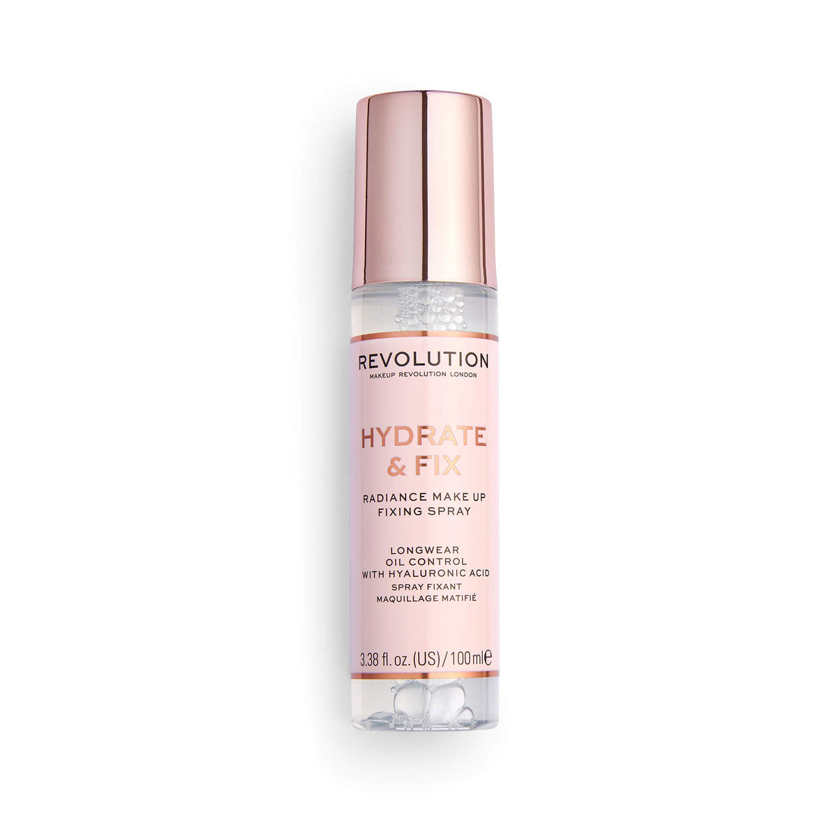 Revolution Beauty front bottle view showing label and size, convenient travel-friendly