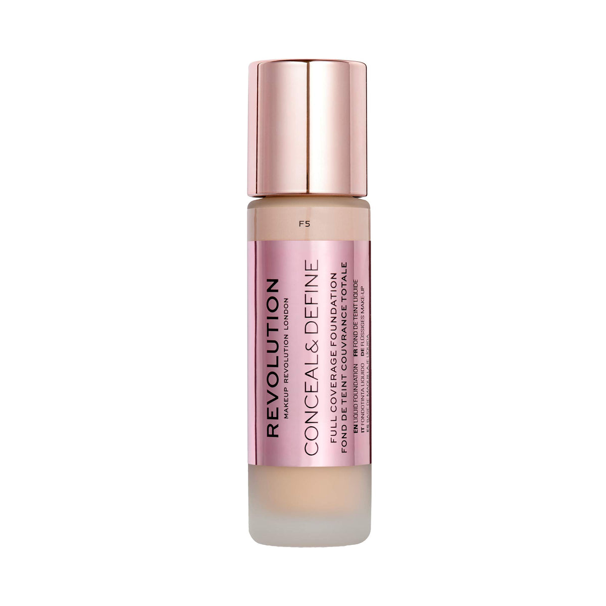 Revolution Beauty London bottle front showing label and glass packaging benefit: premium presentation