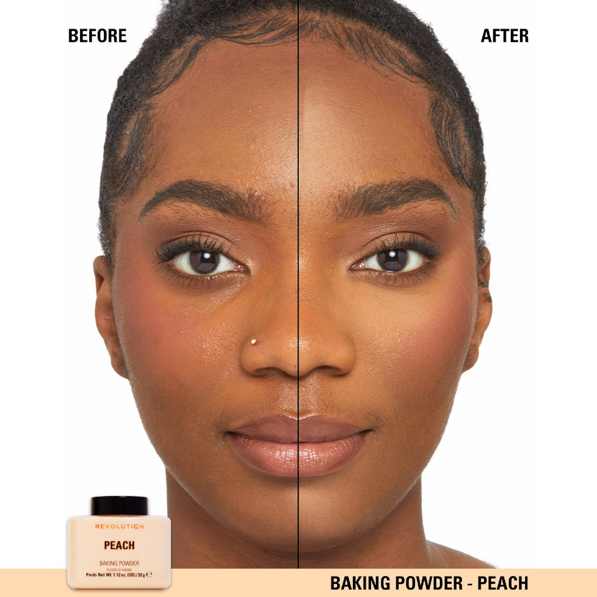 Revolution Beauty London applying powder with fluffy brush for even, mattified coverage