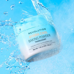 Revolution Beauty London powder displayed in bathroom setting showing cooling hydrating benefit