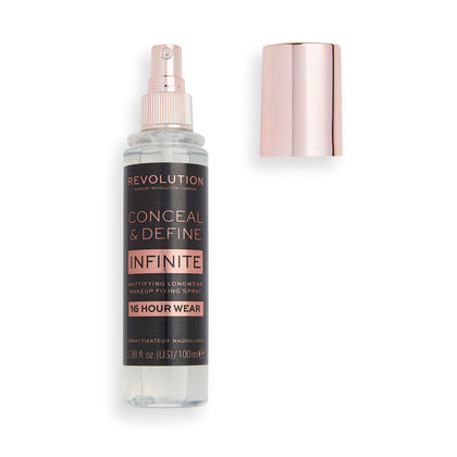 Revolution Beauty London Infinite Fixing Spray front packaging showing 100ml bottle and label for longwear benefit