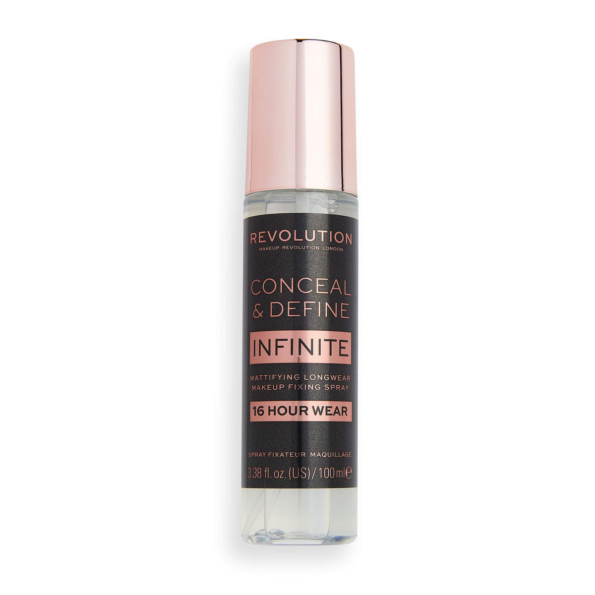 Revolution Beauty London Infinite Fixing Spray fine mist close-up demonstrating even coverage and mattifying effect