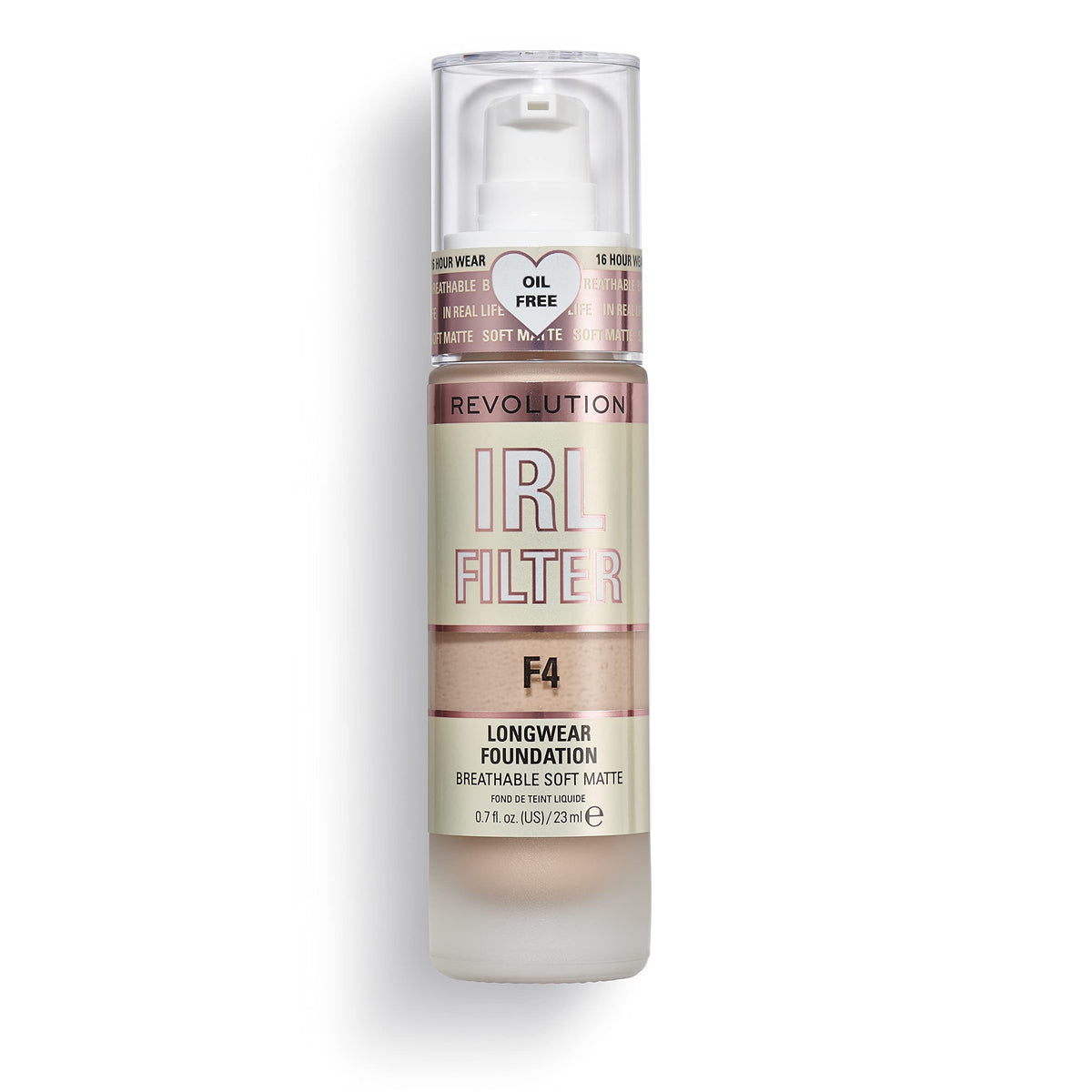 Revolution beauty London front bottle showing shade F4 and precise pump dispensing benefit