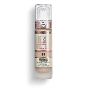 Revolution beauty London front bottle showing shade F4 and precise pump dispensing benefit