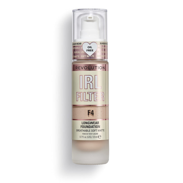 Revolution beauty London front bottle showing shade F4 and precise pump dispensing benefit