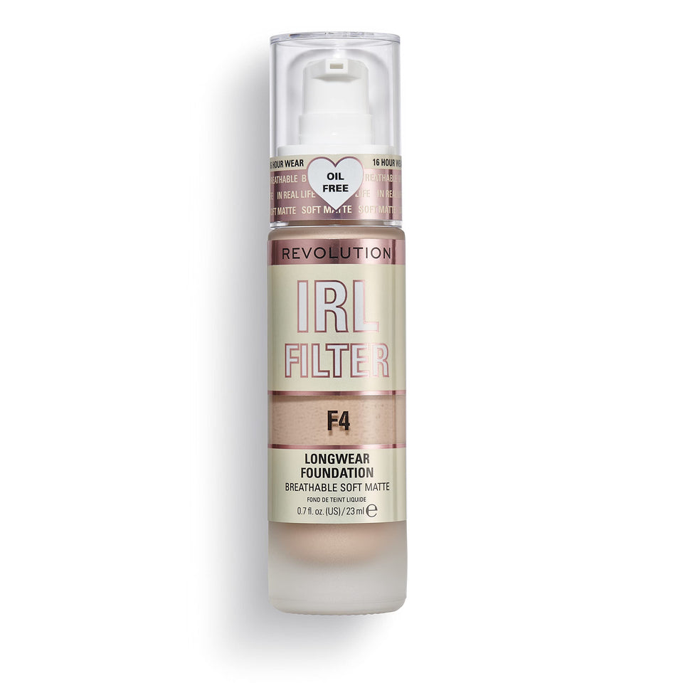 Revolution beauty London front bottle showing shade F4 and precise pump dispensing benefit
