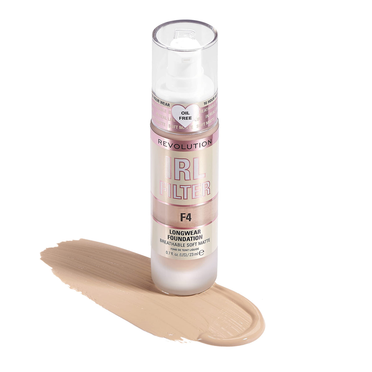 Revolution foundation swatch texture showing buildable coverage and matte blur benefit