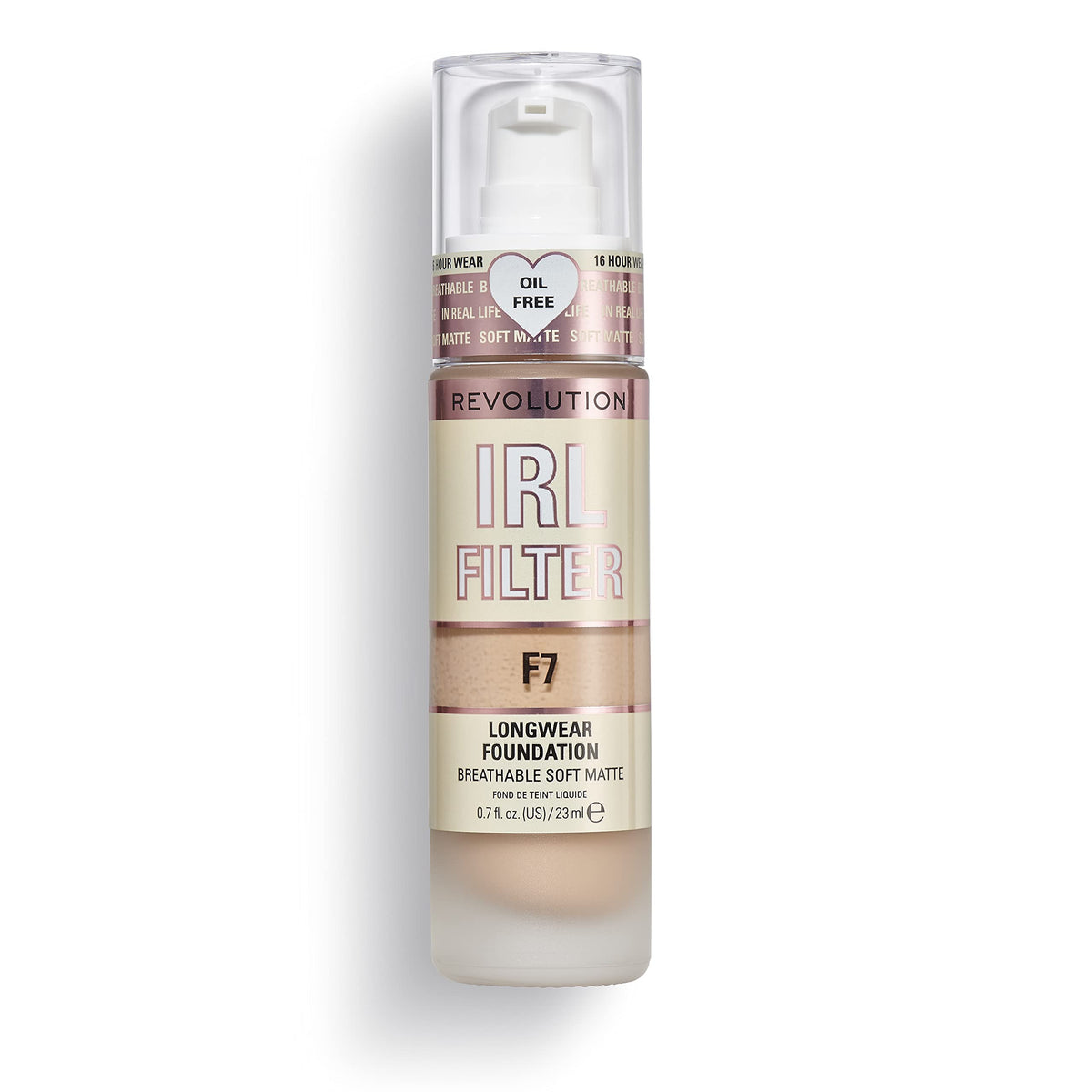 Revolution Beauty London front bottle showing shade F7 and luxe glass pump for control