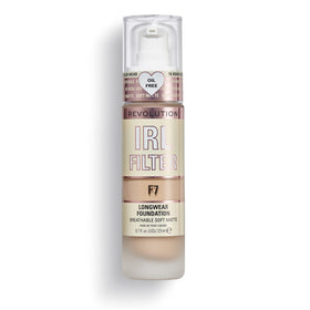 Revolution Beauty London front bottle showing shade F7 and luxe glass pump for control