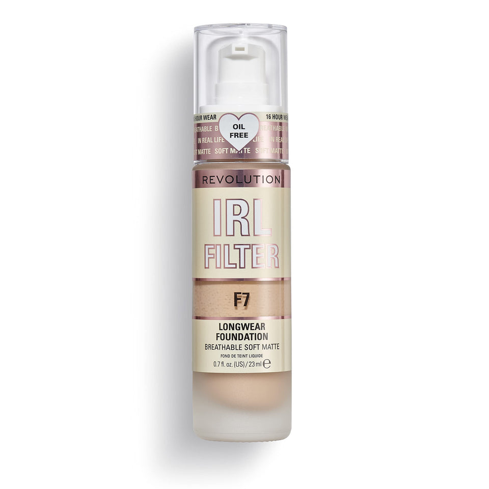 Revolution Beauty London front bottle showing shade F7 and luxe glass pump for control