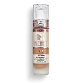 Revolution Beauty London front bottle shot showing sleek glass pump and label benefit