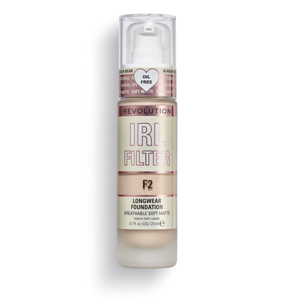 Revolution Beauty London front bottle view showing shade F2 and elegant glass pump