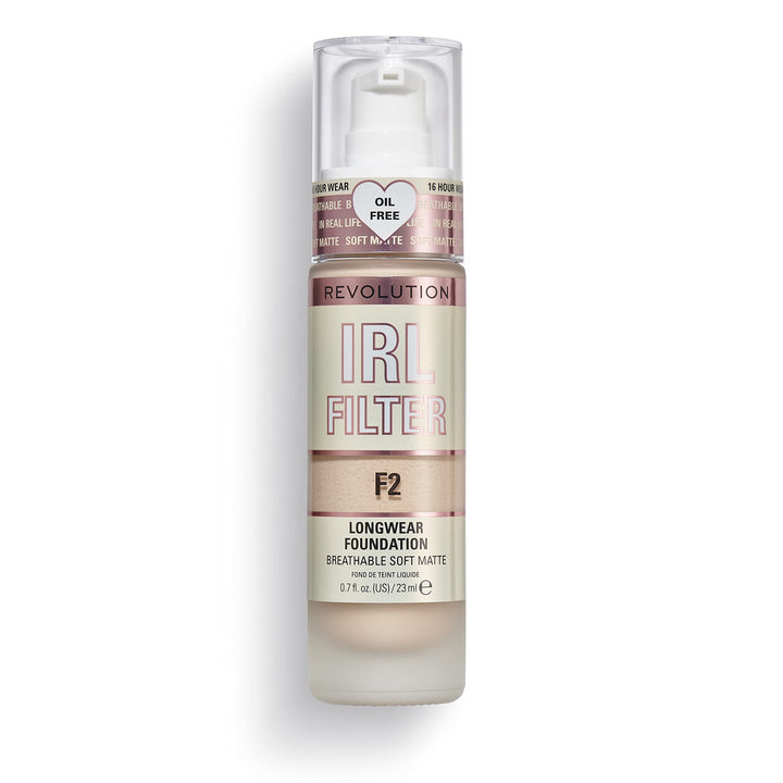 Revolution Beauty London front bottle view showing shade F2 and elegant glass pump