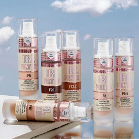 Revolution Beauty London bottle beside coin showing compact travel-friendly size benefit