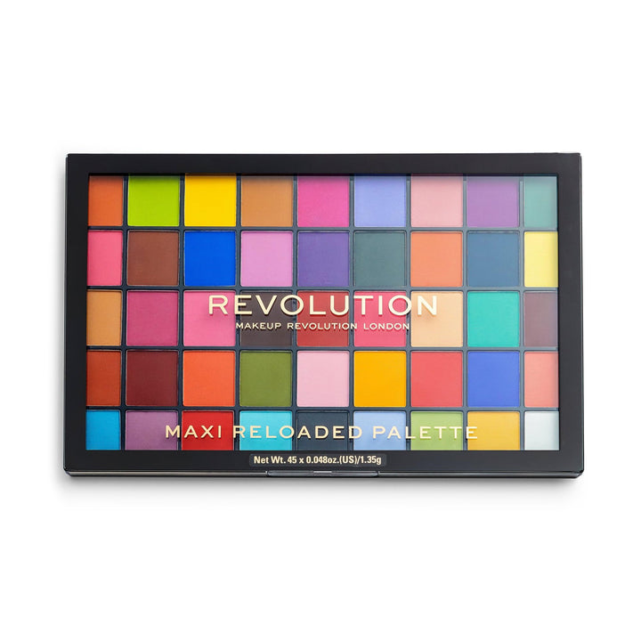 Revolution Maxi Reloaded palette front packaging showing 45 matte shades and variety benefits