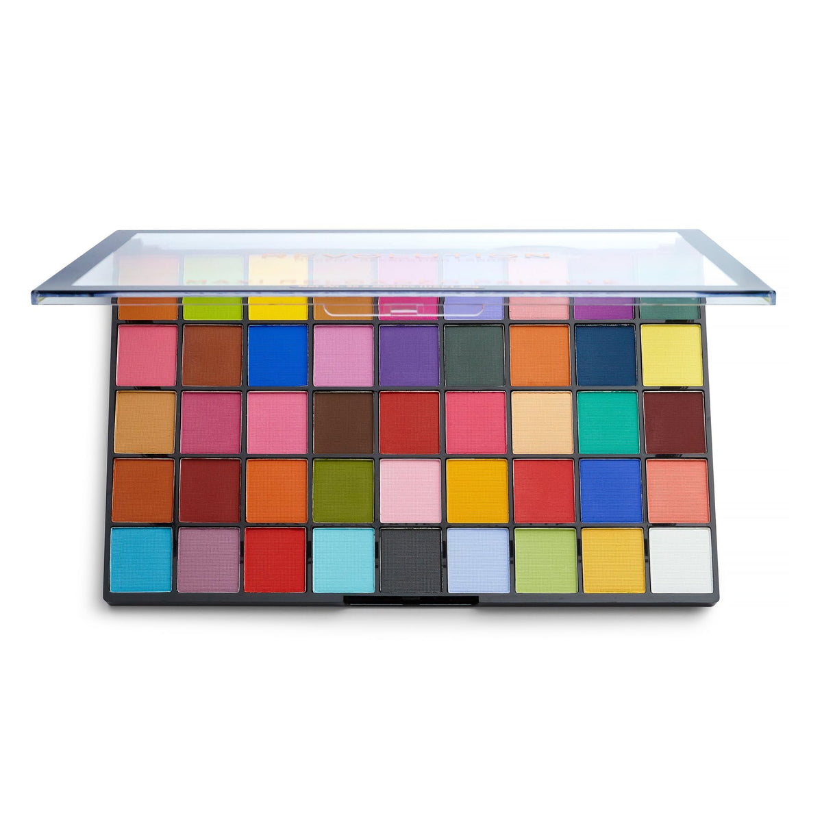 Revolution Maxi Reloaded close-up of shade pans revealing texture and blendable payoff