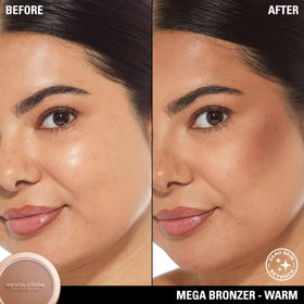 Revolution mega bronzer application on model demonstrating natural sculpting and even warmth