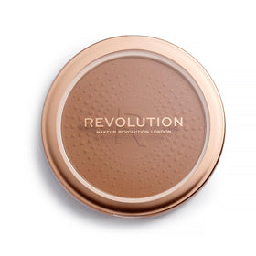 Revolution mega bronzer compact front showing large pan and brand benefit of buildable coverage