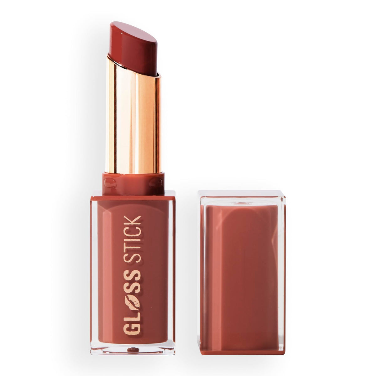 Revolution Beauty London front packaging showing shade and glossy finish benefit