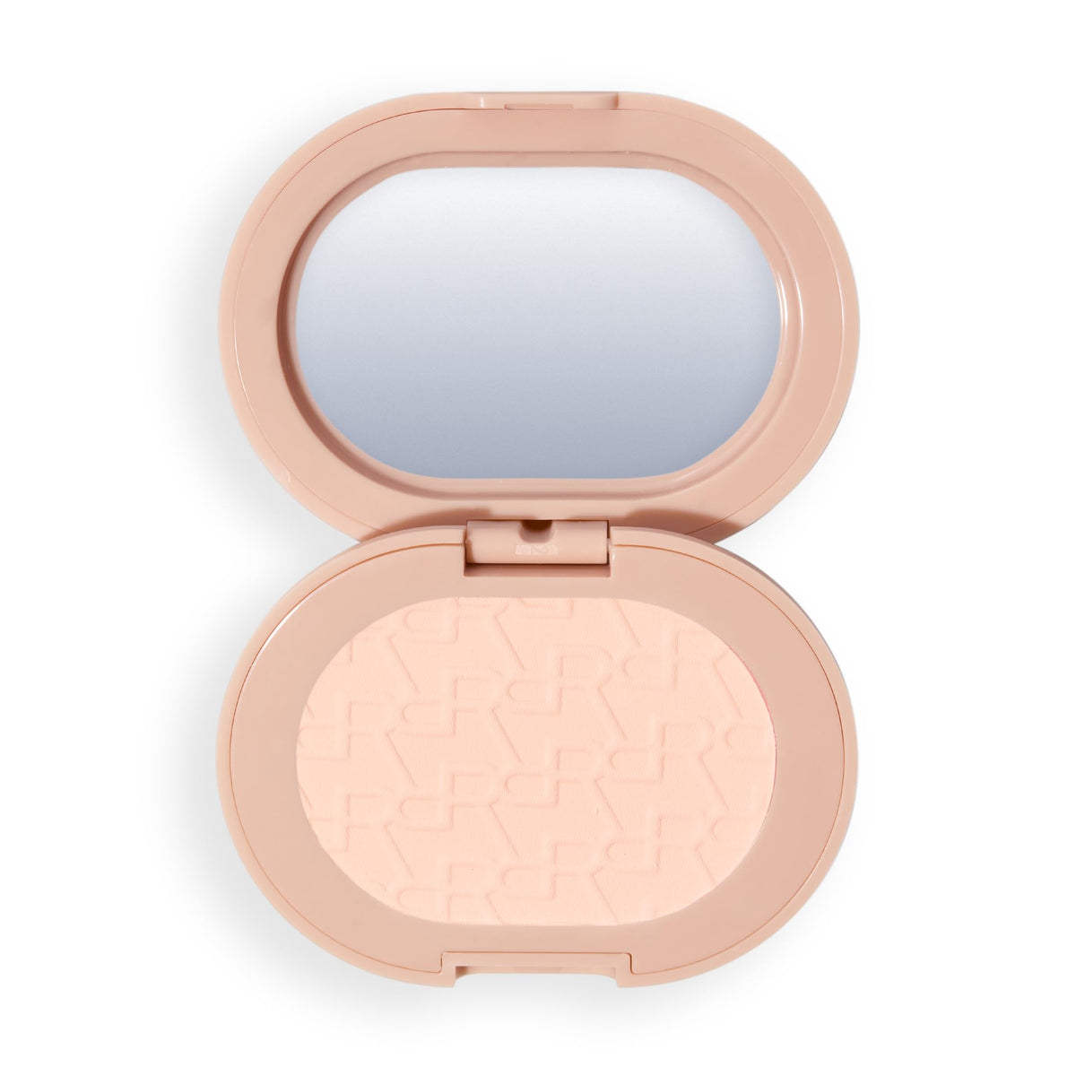 Revolution beauty powder pops front compact showing peach shade and portable design benefit: easy touch-ups