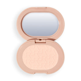 Revolution beauty powder pops front compact showing peach shade and portable design benefit: easy touch-ups