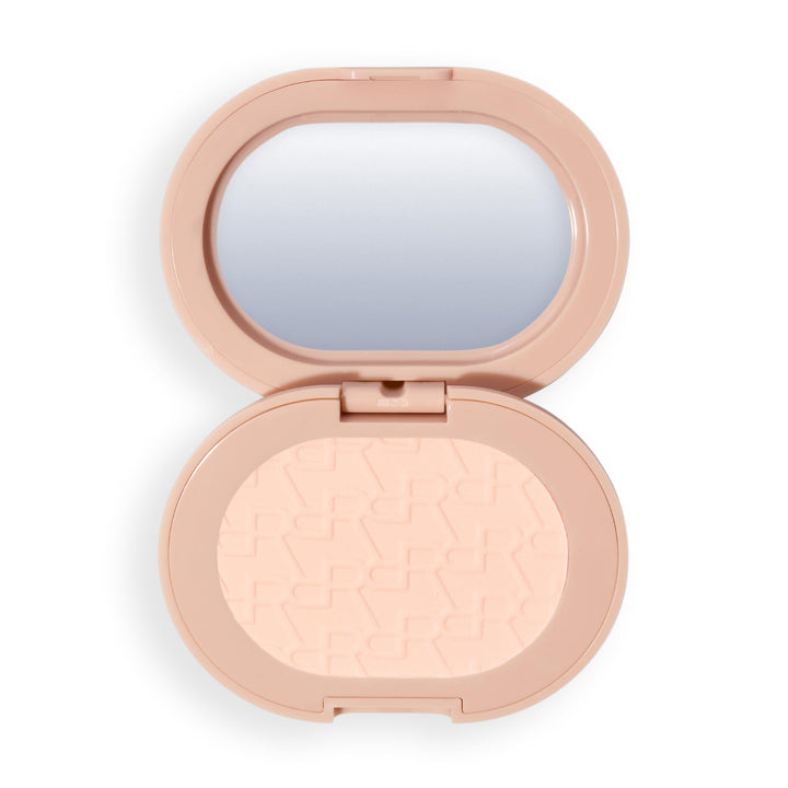 Revolution beauty powder pops front compact showing peach shade and portable design benefit: easy touch-ups