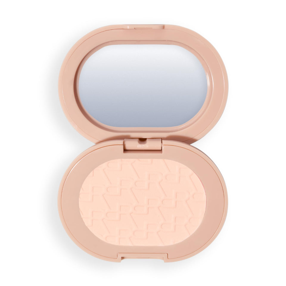 Revolution beauty powder pops front compact showing peach shade and portable design benefit: easy touch-ups
