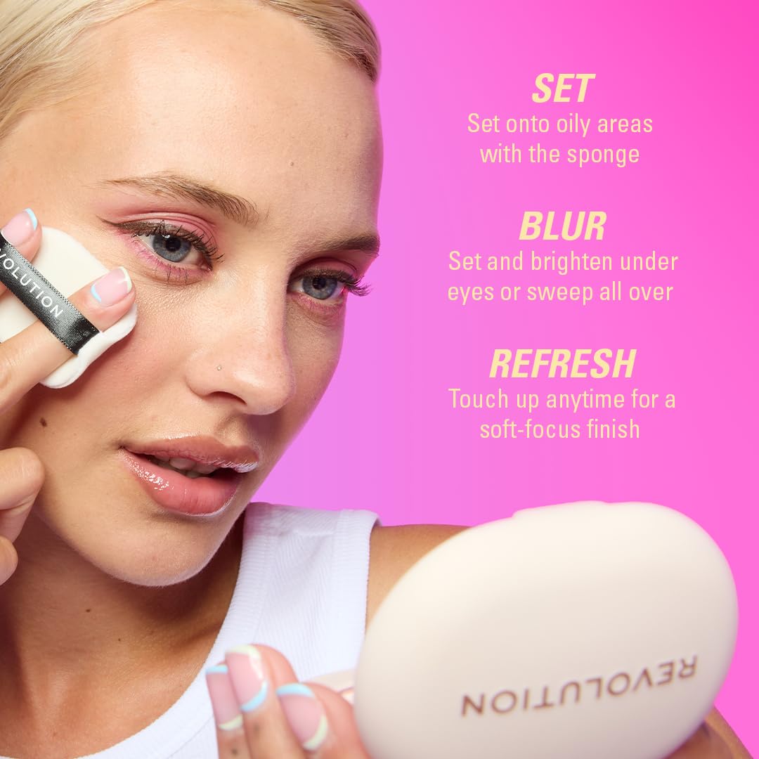 Revolution Beauty London compact held in hand showing size and travel-friendly scale