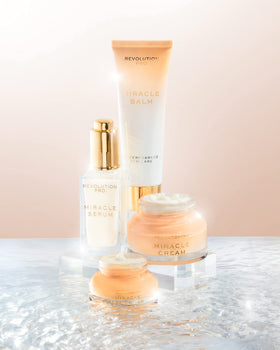 Revolution Pro Miracle Serum bottle staged on bathroom shelf promoting routine