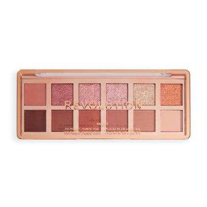 Revolution palette front packaging showing 12 shades and compact travel benefit