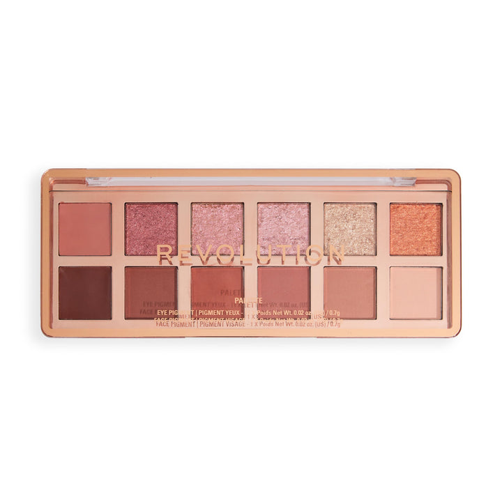 Revolution palette front packaging showing 12 shades and compact travel benefit