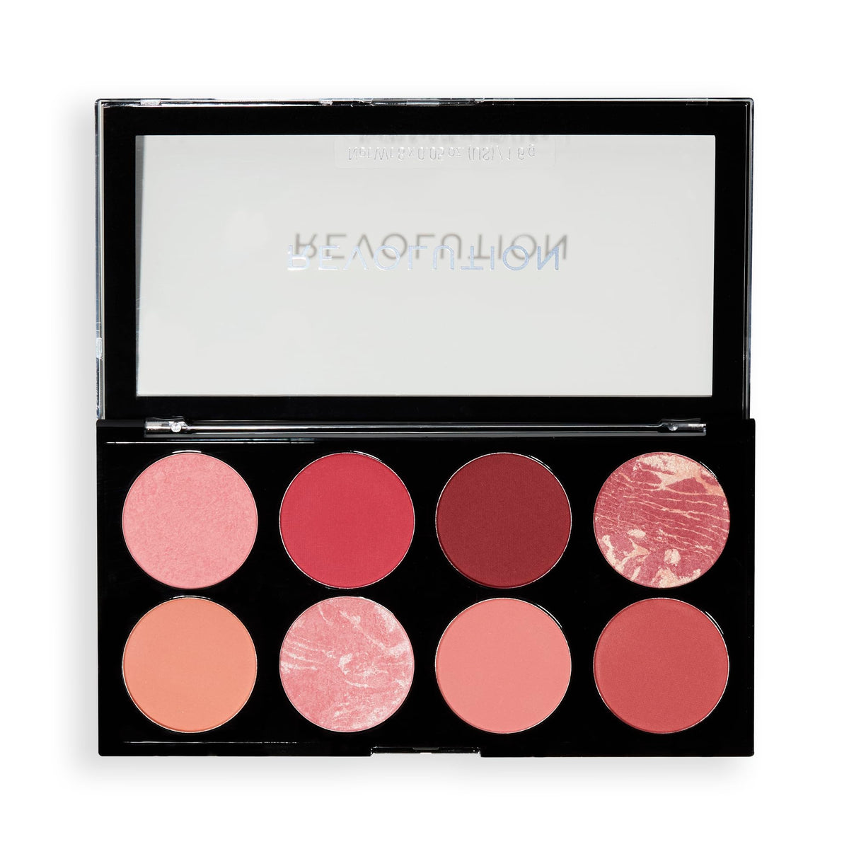 Revolution Beauty London front palette view showing eight shades and packaging benefit portability