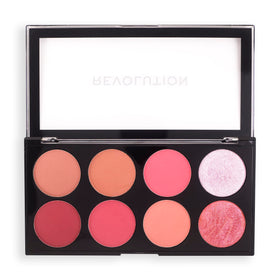 Revolution Ultra Blush Palette front-open showing eight shades and compact mirror for travel convenience