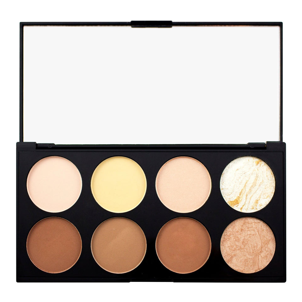 Revolution Beauty London front view of palette showing eight shades and mirror for easy sculpting