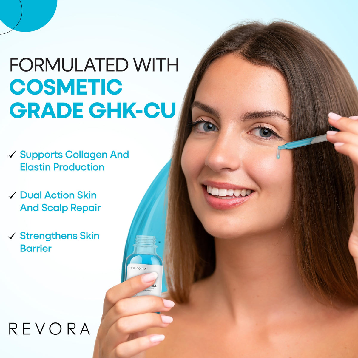 Revora dropper dispensing serum, demonstrating easy precise application benefit