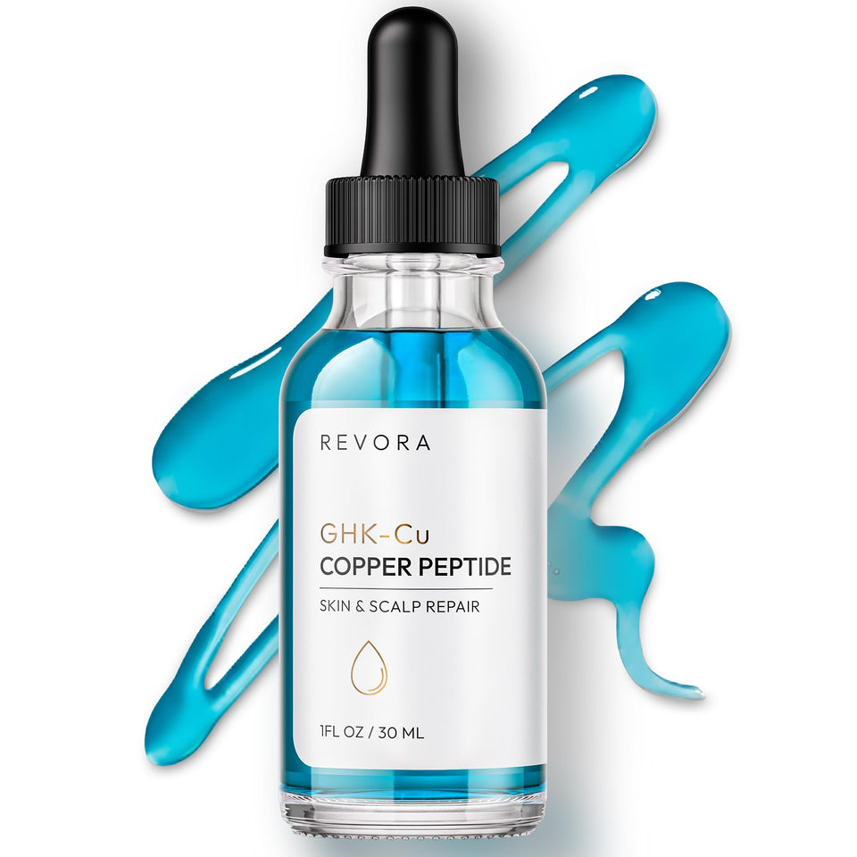 Revora bottle front view showing blue peptide serum and clear packaging benefit clarity
