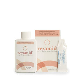 Rezamid front packaging showing 2 oz bottle and tinted acne lotion benefit concealment
