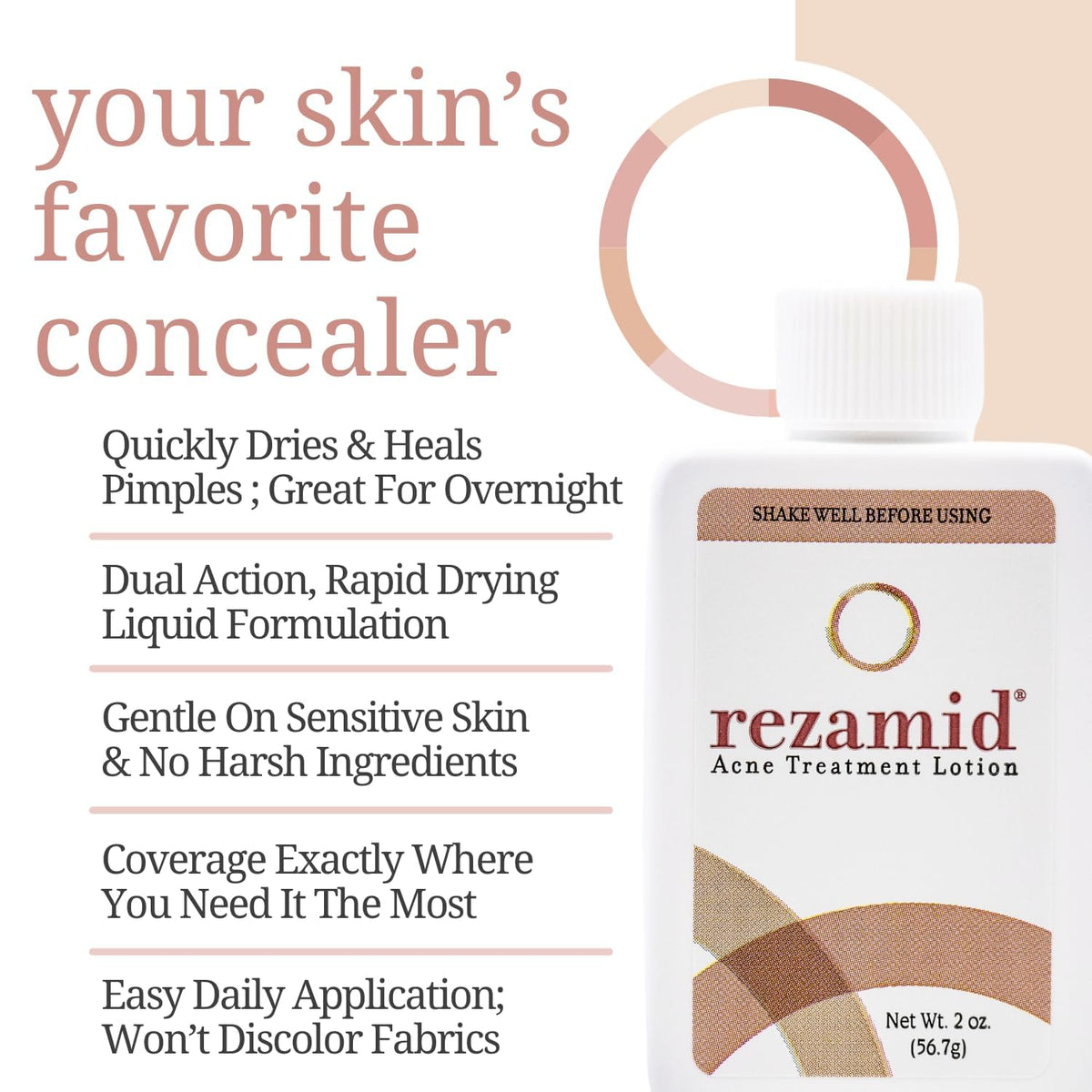 Close-up of Rezamid lotion texture displaying quick-dry, lightweight coverage benefit