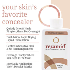Close-up of Rezamid lotion texture displaying quick-dry, lightweight coverage benefit