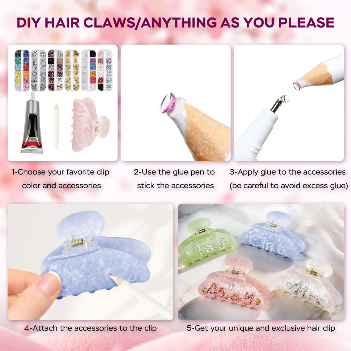 Rhavelune clip in use being embellished, demonstrates easy DIY customization