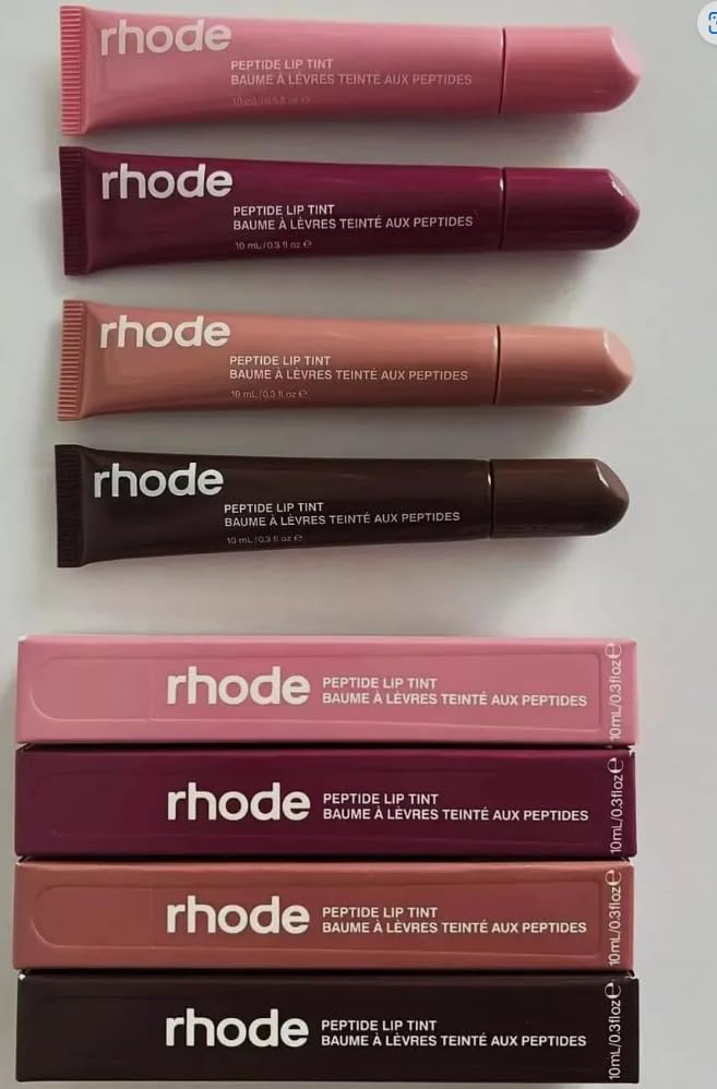 Rhode Peptide Lip Tints front packaging showing four tubes and shade range, everyday versatility