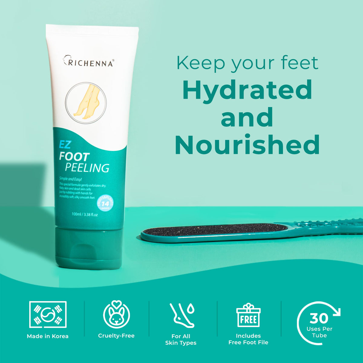 Richenna cream applied to heel, shows targeted softening of rough skin