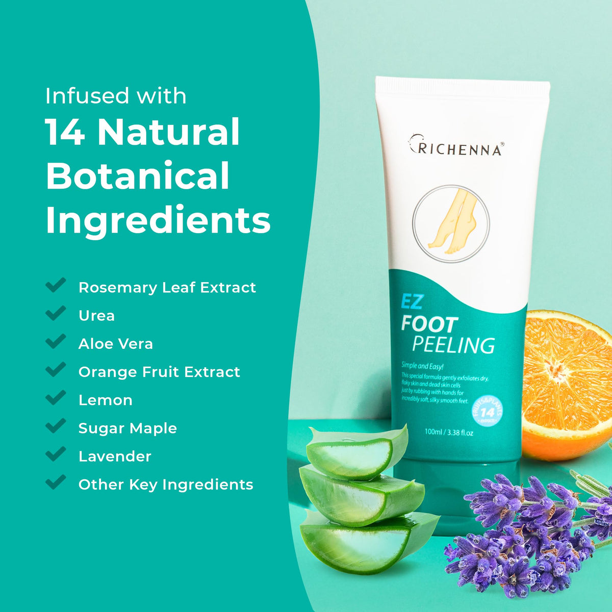 Richenna ingredients label close-up, reveals botanical extracts and urea benefit