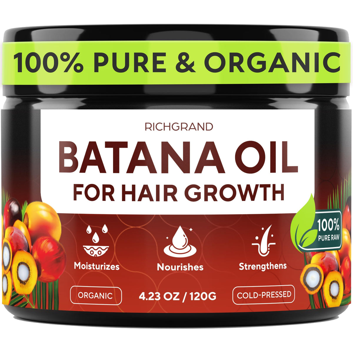 RICHGRAND jar front view showing pure Batana Oil and packaging benefits